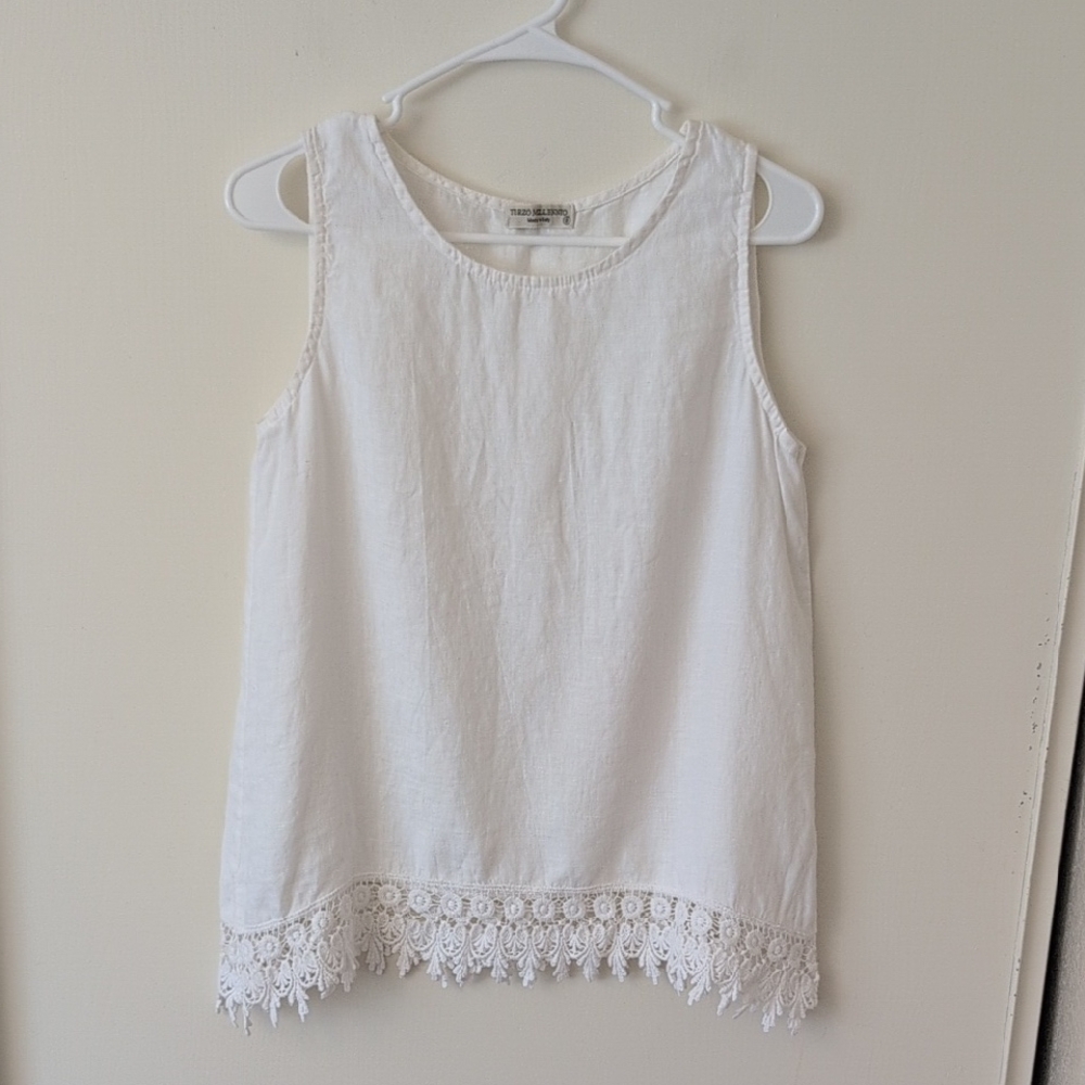 Terzo Millennio Womens Small Linen White Sleeveless Blouse Crochet Cottage Boho